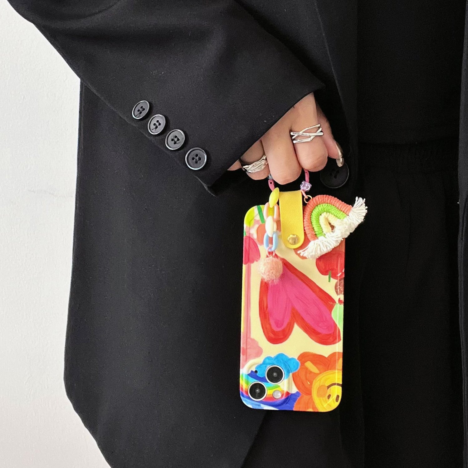 Uniqkart for iPhone 14 Plus Flexible TPU Phone Shell Heart Pattern Cover Case with Rainbow Decor, Leather Shoulder Strap Uniqkart for iPhone 14 Plus Flexible TPU Phone Shell Heart Pattern Cover Case with Rainbow Decor, Leather Shoulder Strap